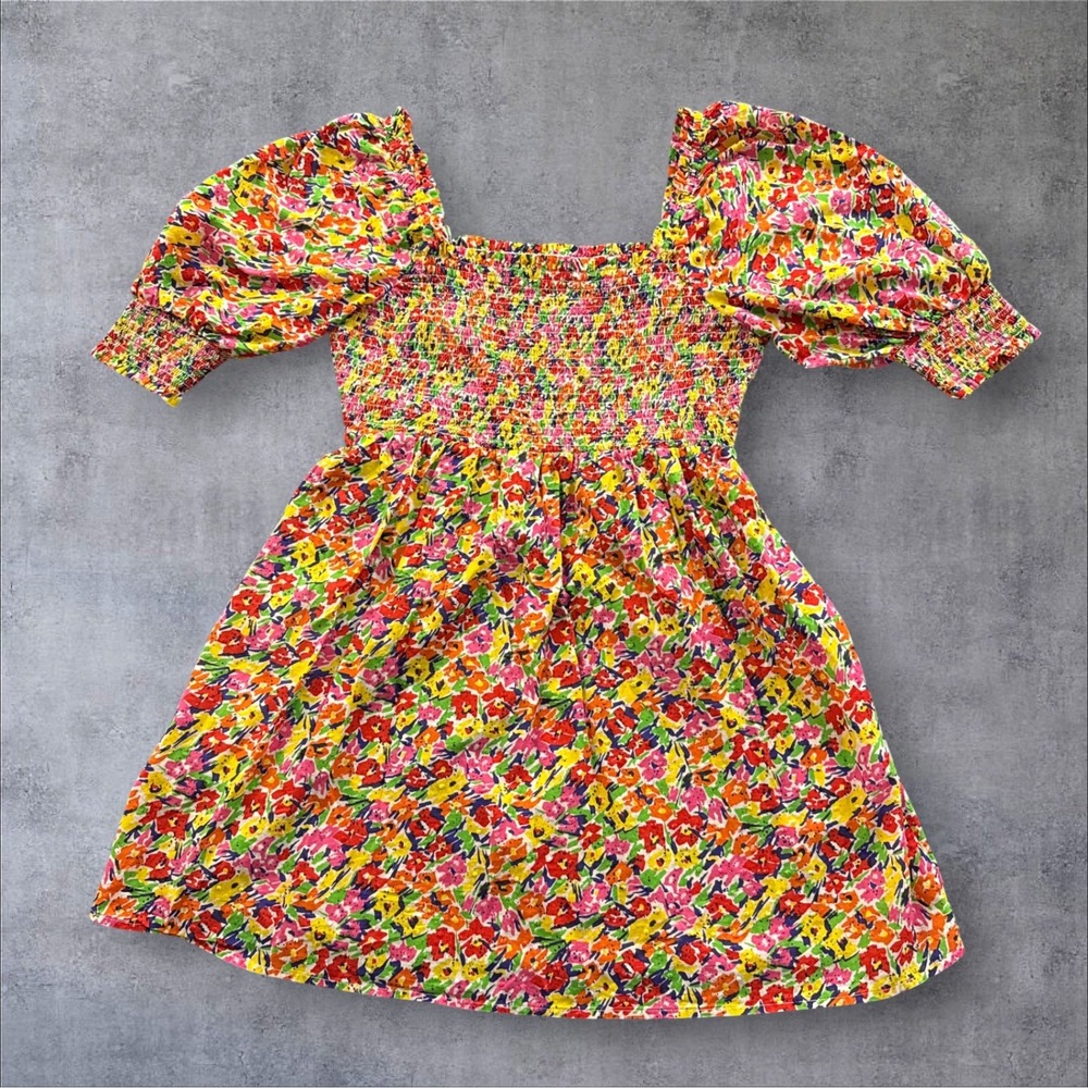 RIXO Floral Mini Dress Womens Small Multi-Color Smocked Puff Sleeve Swiss Dot